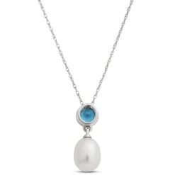 Pearl and Blue Topaz Pendant Necklace, 14k White Gold Sale