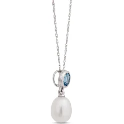 Pearl and Blue Topaz Pendant Necklace, 14k White Gold Sale