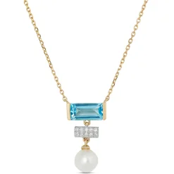 Pearl, Blue Topaz and Diamond Necklace, 14K Yellow Gold New