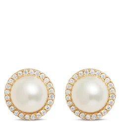 Pearl Halo Stud Earrings, 14K Yellow Gold Sale