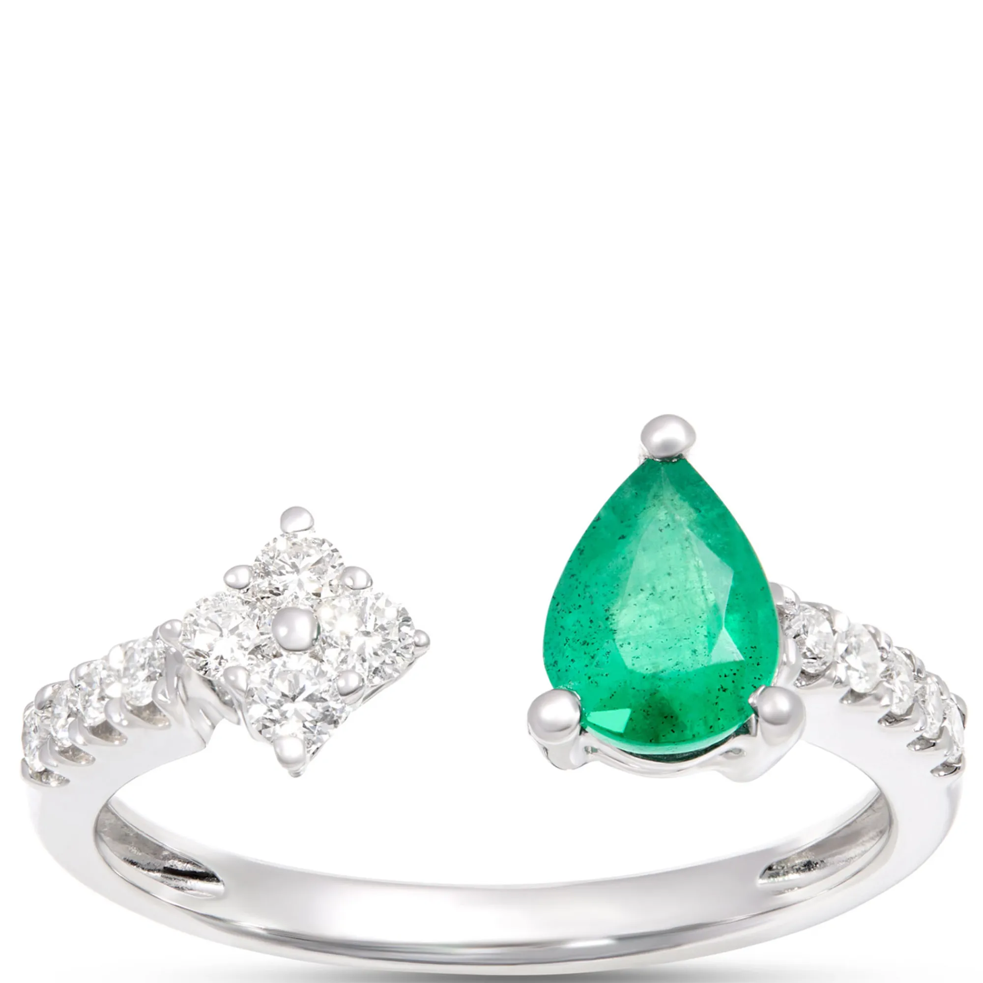 Pear Shaped Emerald and Diamond Open Center Ring, 14K White Gold Hot