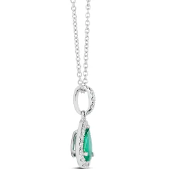 Pear Shaped Emerald and Diamond Halo Pendant Necklace, 14K White Gold Sale