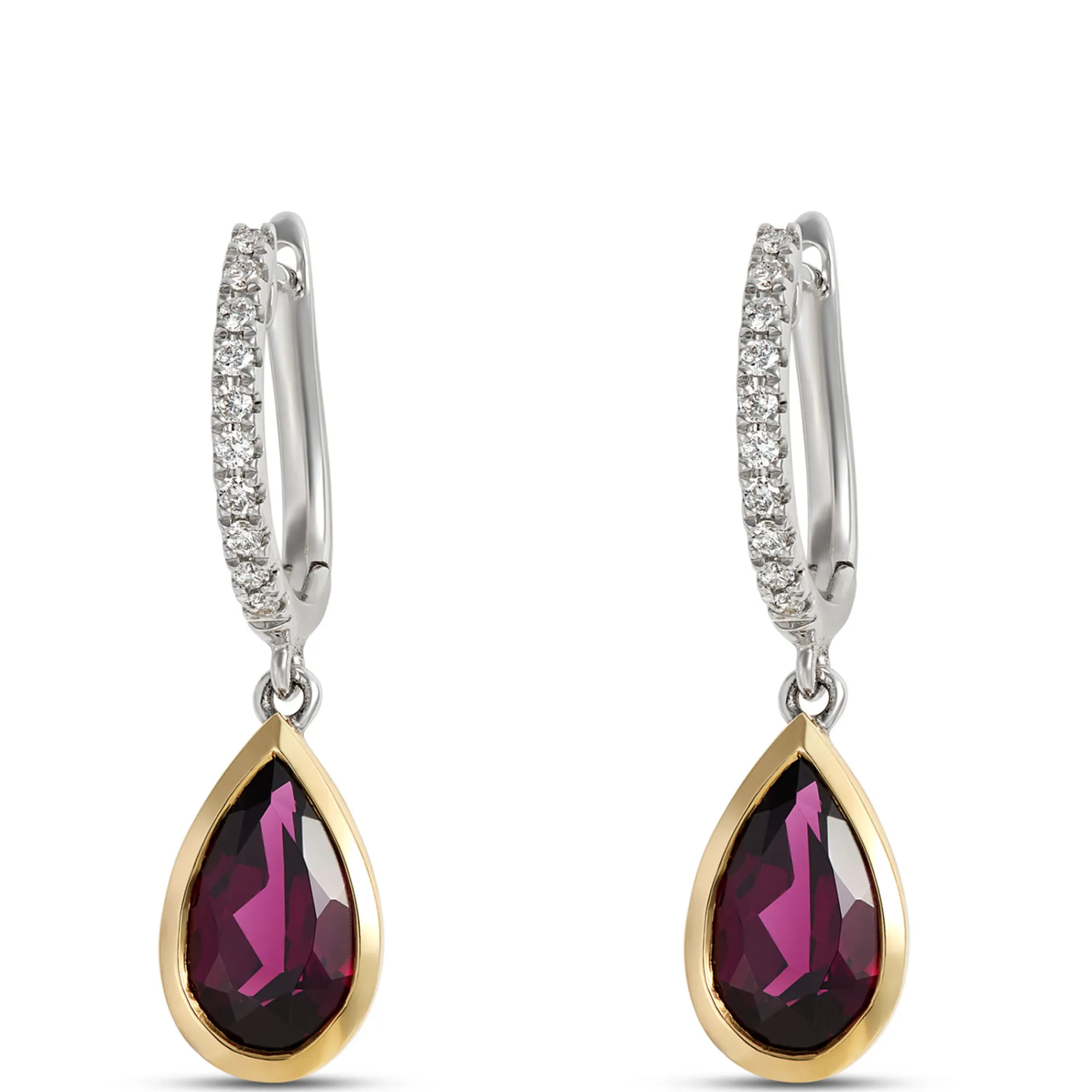 Pear Shaped RhodoliteHoops, 1/10 Total Carat Weight, 14K Two-Tone Clearance