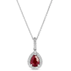 Pear Shaped Ruby and Diamond Halo Pendant Necklace, 14K White Gold Sale
