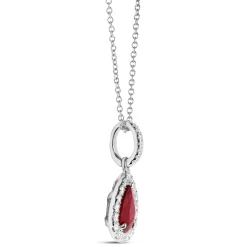 Pear Shaped Ruby and Diamond Halo Pendant Necklace, 14K White Gold Sale