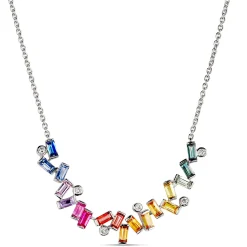 Rainbow Sapphire and Round Diamond Necklace, 14K White Gold Hot