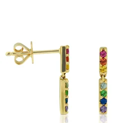 Rainbow Sapphire & Tsavorite Garnet Dangle Bar Earrings 14K Hot