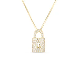 Roberto Coin Tiny Treasures Diamond Lock Necklace 18K Yellow Gold Clearance
