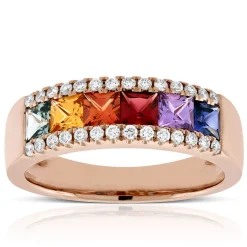 Rose Gold Rainbow Sapphire & Diamond Ring 14K New