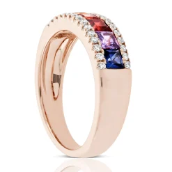 Rose Gold Rainbow Sapphire & Diamond Ring 14K New