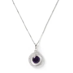 Round Amethyst and Diamond Pendant, 14K White Gold Clearance