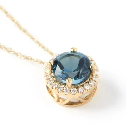 Round Blue Topaz and Diamond Pendant, 14K Yellow Gold Hot
