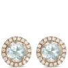 Round Cut Aquamarine and Diamond Halo Stud Earrings, 14K Yellow Gold