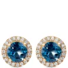 Round Cut London Blue Topaz and Diamond Halo Earrings, 14K Yellow Gold Discount