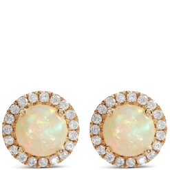 Round Cut Opal and Diamond Halo Earrings, 14K Yellow Gold Hot