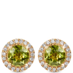 Round Cut Peridot and Diamond Halo Earrings, 14K Yellow Gold Sale