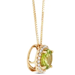 Round Cut Peridot and Diamond Halo Pendant Necklace, 14K Yellow Gold Outlet