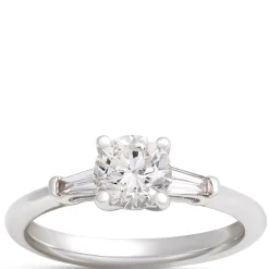 Round Diamond and Baguette Engagement Ring, 14K White Gold Hot