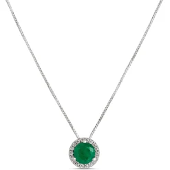 Round Emerald Pendant Necklace With Diamond Halo in 14K White Gold Discount