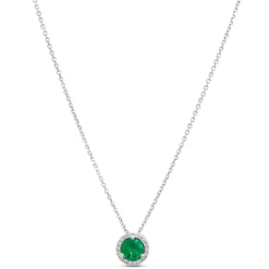 Round Emerald Pendant with Diamond Halo, 14K White Gold Best
