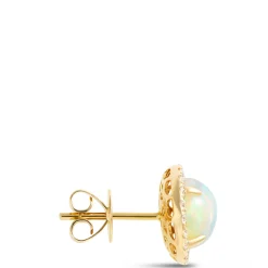 Round Opal and Diamond Halo Earrings, ⅓ Total Carat Weight, 14K Yellow Gold Clearance