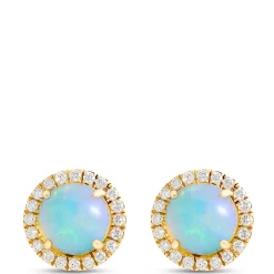 Round Opal and Diamond Halo Earrings, ⅓ Total Carat Weight, 14K Yellow Gold Clearance