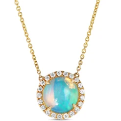 Round Opal and Diamond Halo Necklace, 14K Yellow Gold Online