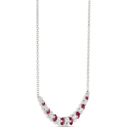 Round Ruby and Diamond Cluster Necklace, 18K White Gold New