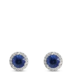 Round Sapphire and Diamond Studs, 14K White Gold