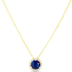 Round Sapphire Diamond Halo Pendant Necklace, 14K Yellow Gold New