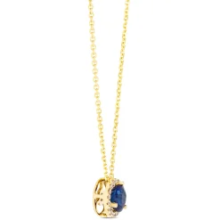 Round Sapphire Diamond Halo Pendant Necklace, 14K Yellow Gold New