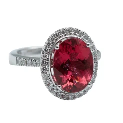 Rubellite and Diamond Halo Ring, 14K White Gold Discount