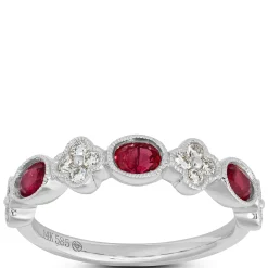Ruby and Floral Diamond Cluster Ring, 14K White Gold