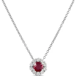 Ruby Pendant Necklace With Diamond Halo, 14K White Gold