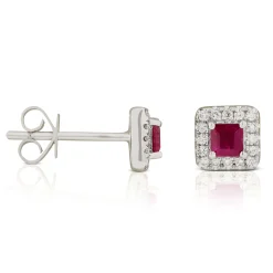 Square Ruby & Diamond Stud Earrings 14K New
