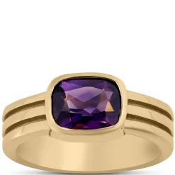 Triple Shank Cushion Cut Amethyst Ring, 14K Yellow Gold