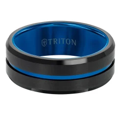 Triton Contemporary Comfort Fit Band in Black Tungsten with Blue PVD, 8 mm New